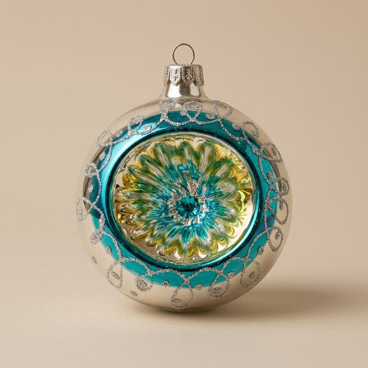 Palla di Natale Ø 10 cm dipinta a mano: palla vintage a riflettore argento e turchese