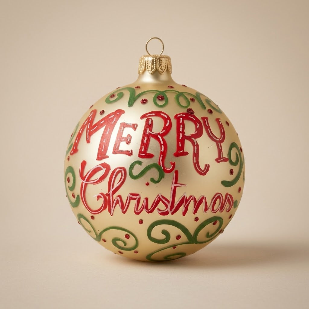 Palla di Natale Ø 10 cm dipinta a mano: scritta Merry Christmas rossa su fondo avorio