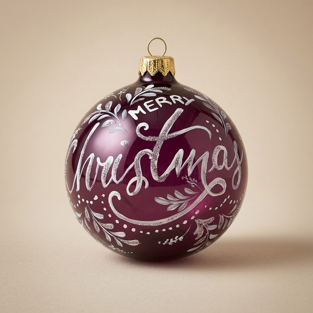 Palla di Natale Ø 10 cm dipinta a mano: scritta Merry Christmas bianca su fondo bordeaux