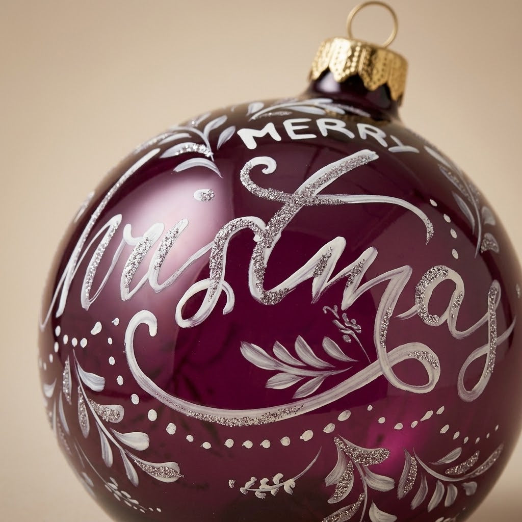 Dettaglio del decoro dipinto a pennello: scritta Merry Christmas bianca su fondo bordeaux