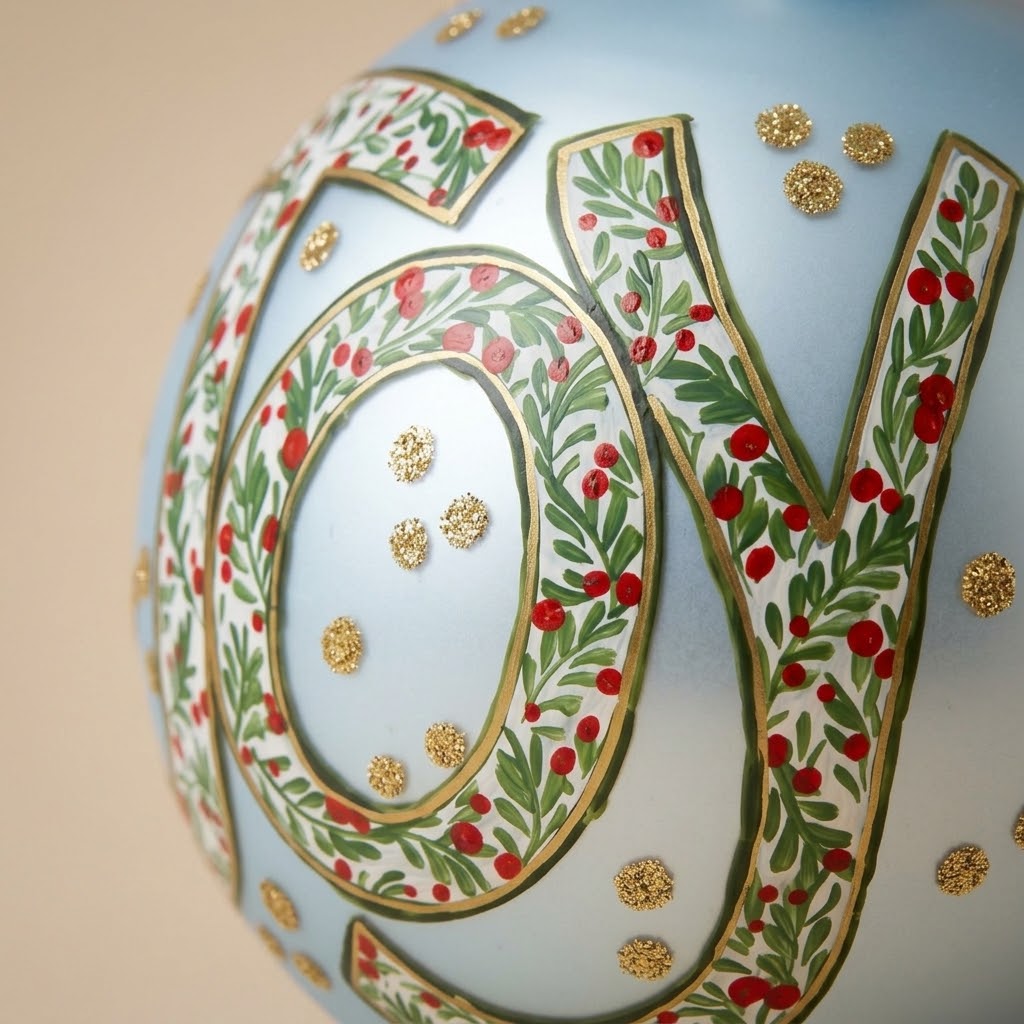 Dettaglio del decoro dipinto a pennello: scritta JOY decorata con agrifoglio su fondo azzurro