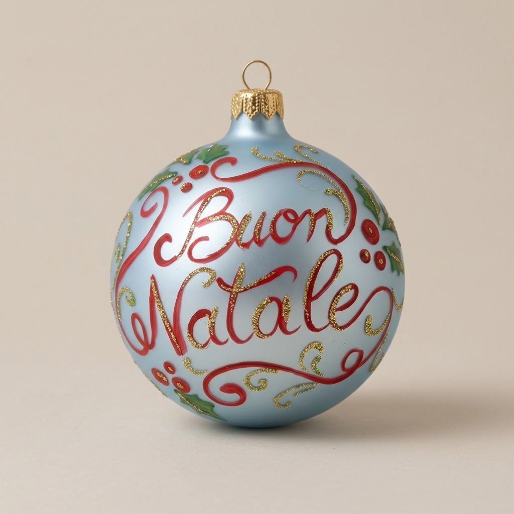 Palla di Natale Ø 10 cm dipinta a mano: scritta Buon Natale rossa con agrifoglio su fondo azzurro