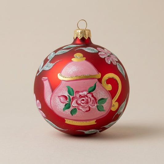 Palla di Natale Ø 10 cm dipinta a mano: teiera rosa con rose su fondo rosso