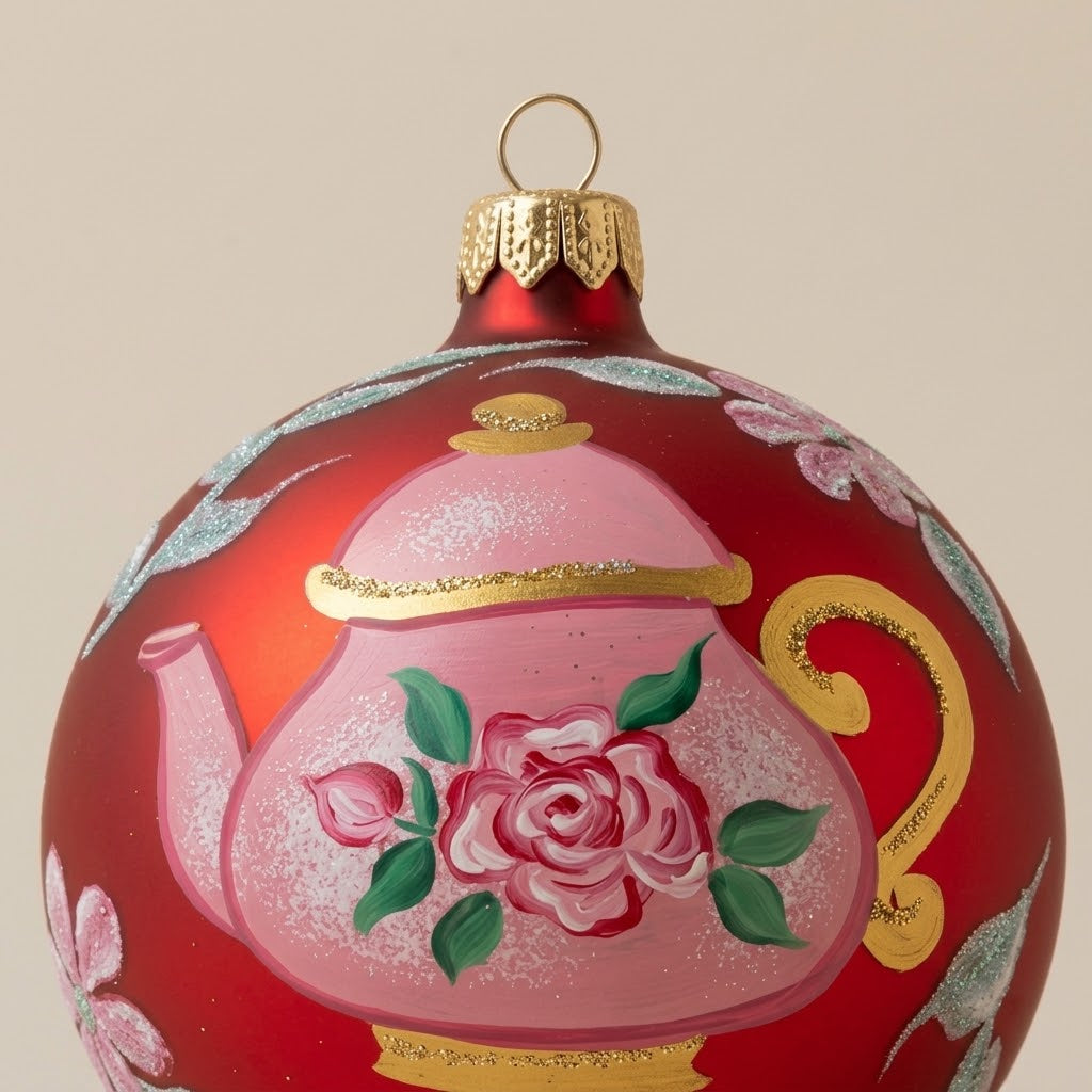 Dettaglio del decoro dipinto a pennello: teiera rosa con rose su fondo rosso
