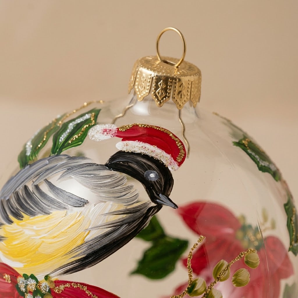 Dettaglio del decoro dipinto a pennello: uccellino con cappellino rosso su una stella di Natale