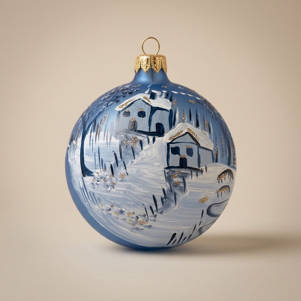 Palla di Natale Ø 10 cm dipinta a mano: borgo innevato dipinto in blu e bianco
