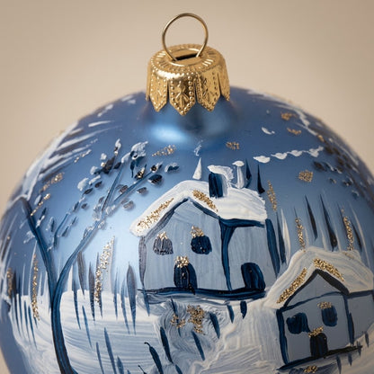 Dettaglio del decoro dipinto a pennello: borgo innevato dipinto in blu e bianco