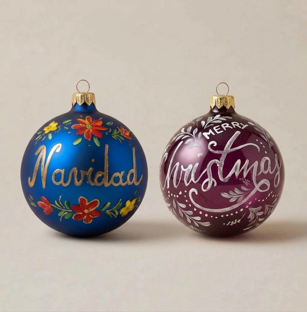 Set of 2 Christmas ornaments with Navidad lettering on blue and Merry Christmas on burgundy