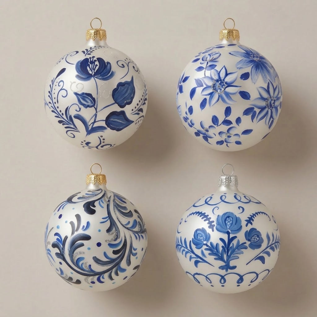 Set da 4 palle di Natale maioliche blu su fondo bianco: fiore e foglie, fiori a stella, volute e rose