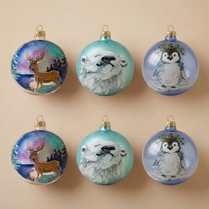 Set da 6 palle di Natale Polo Nord: due cervi sotto l'aurora boreale, due orsi polari, due pinguini