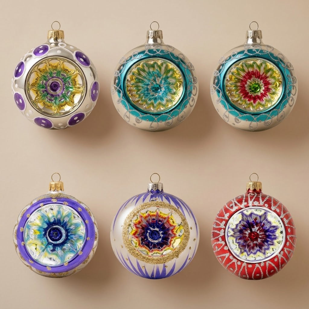 Set of 6 Unica collection reflector Christmas ornaments in turquoise, purple and red