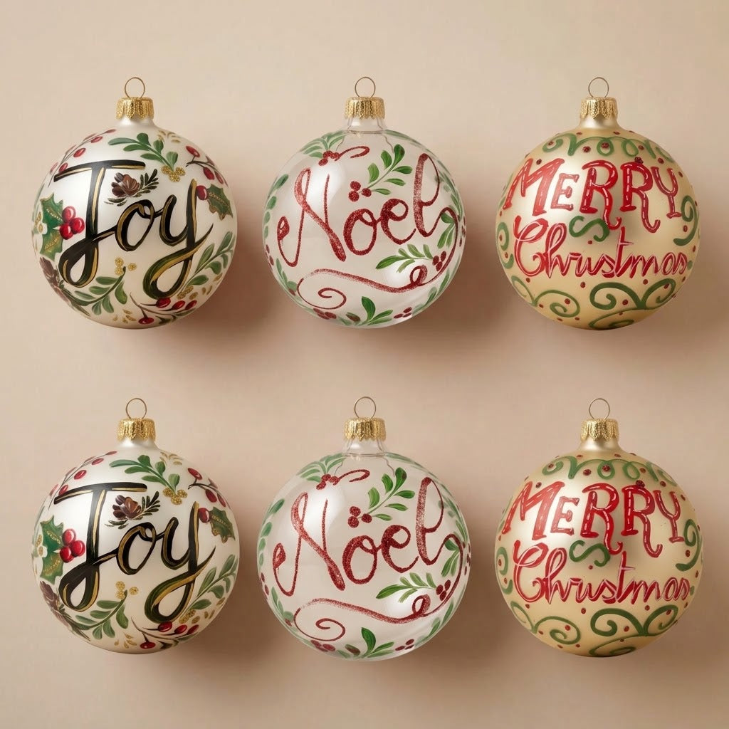 Set of 6 Christmas ornaments with lettering: two Joy, two Noël, two Merry Christmas
