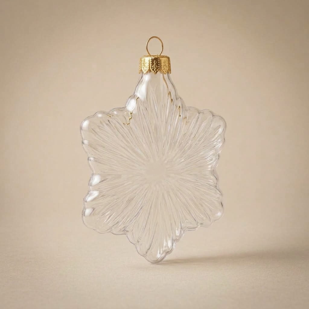 Clear glass star ornament, three-quarter view