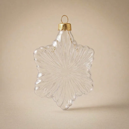 Clear glass star ornament, three-quarter view