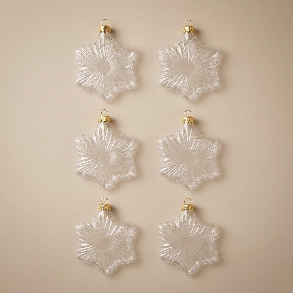 Set of 6 clear glass star ornaments with gold caps
