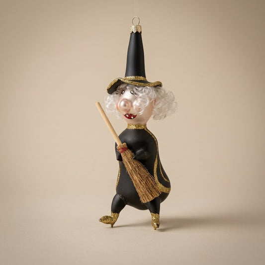Strega di Halloween in vetro nero e oro con scopa di saggina
