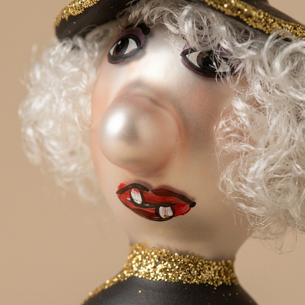 Detail of the hand-painted face with pearly nose and curly hair