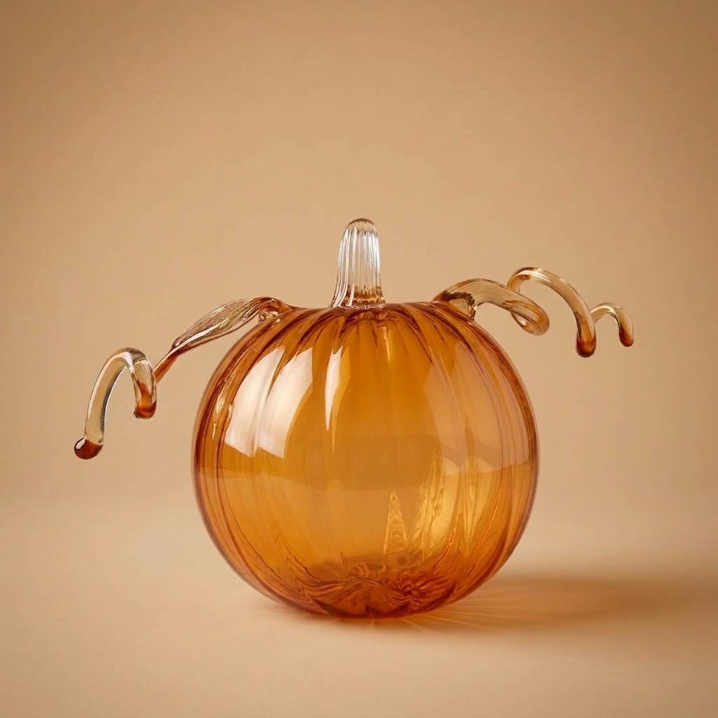 Amber blown glass Halloween pumpkin with curly tendrils