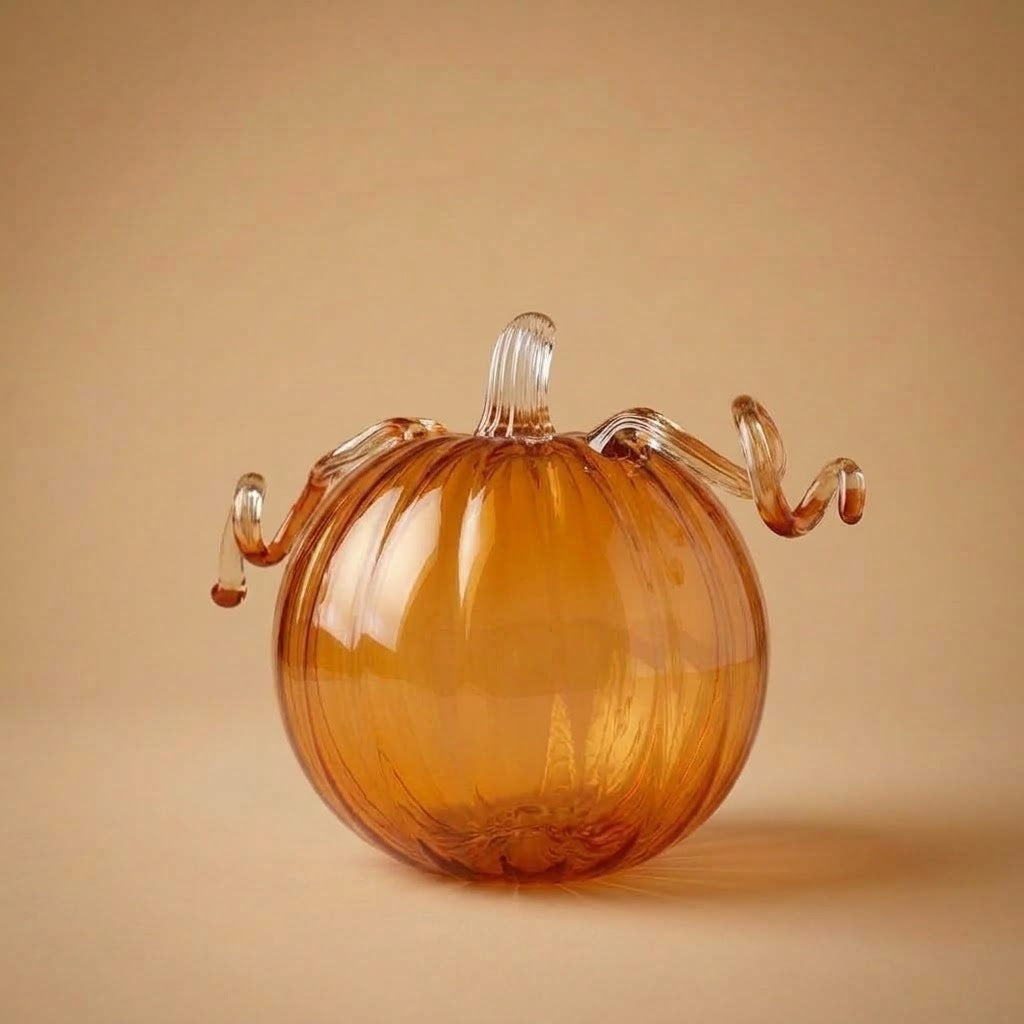 Transparent amber glass pumpkin with ribs